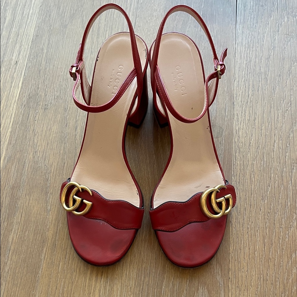 Gucci Red Leather Heeled Sandals with Gold Accents